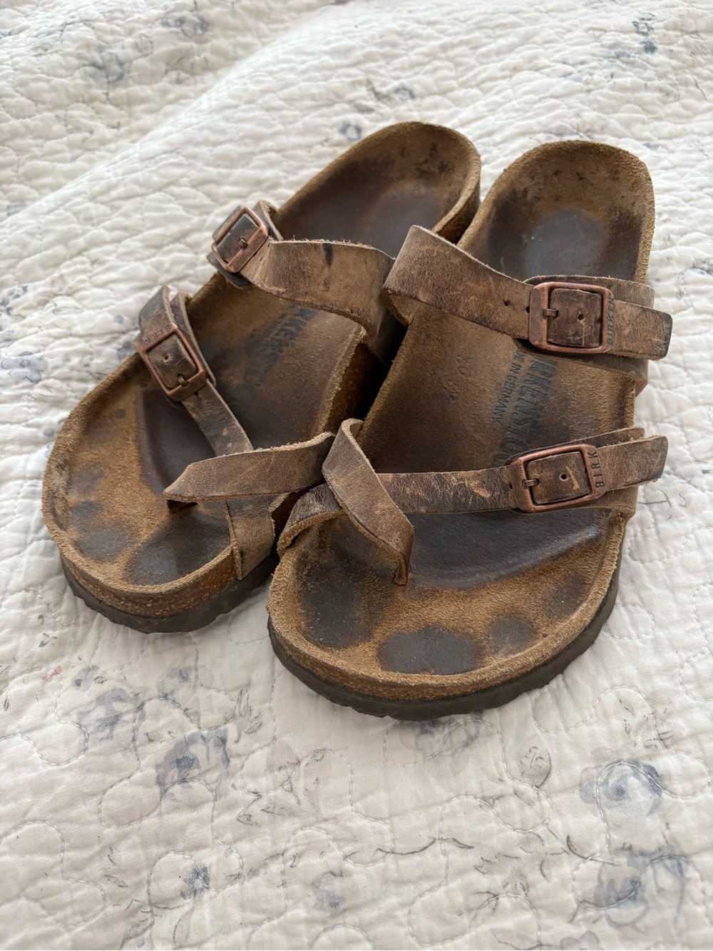 Birkenstock Brown Suede Multi‑Strap Slide Sandals